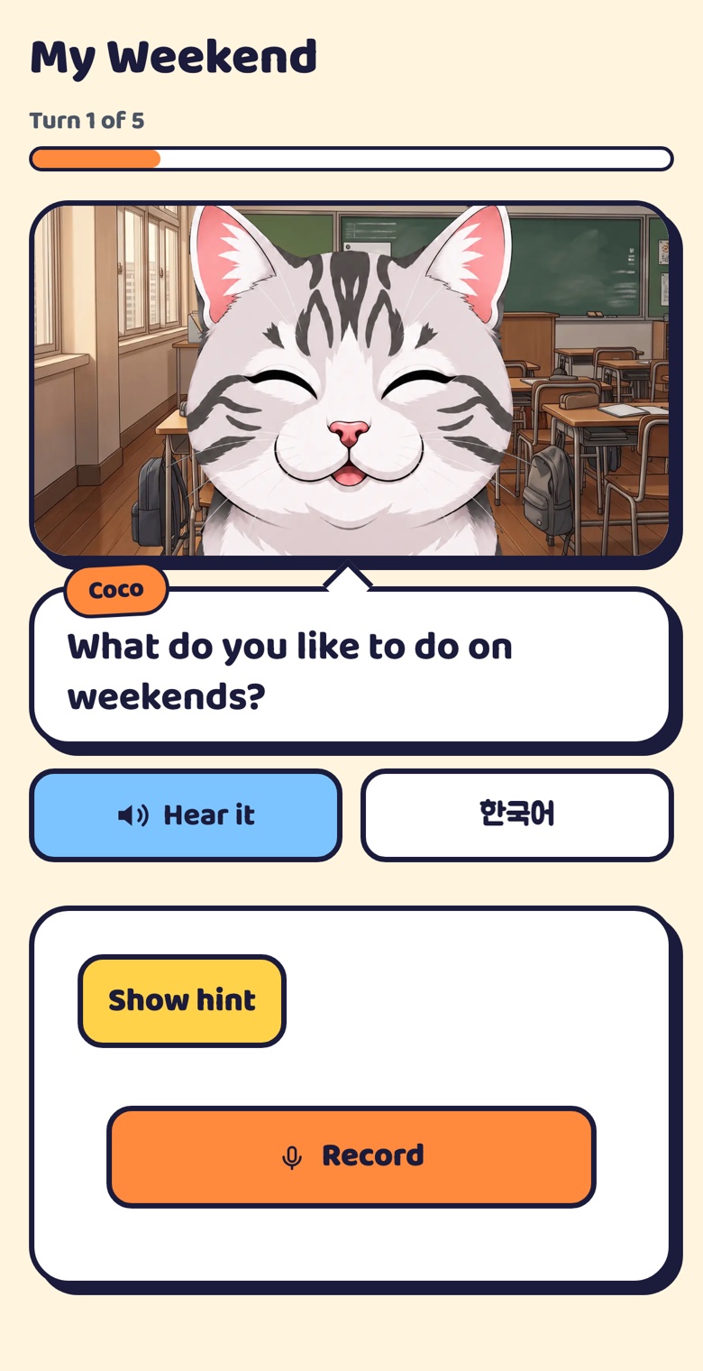 Coco English speaking mission where Coco the cat asks what the student likes to do on weekends.