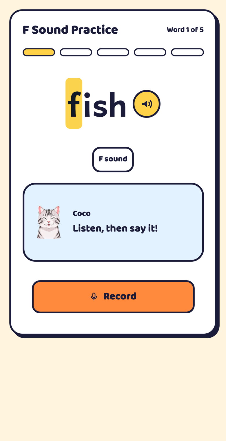 Coco English pronunciation drill asking the student to listen to the word fish, then record it.