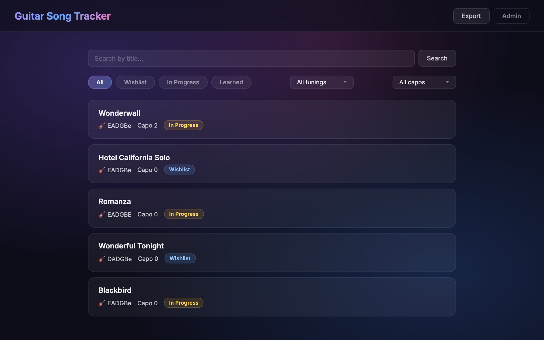 Guitar Song Tracker library listing songs with their tuning, capo position, and learning status.
